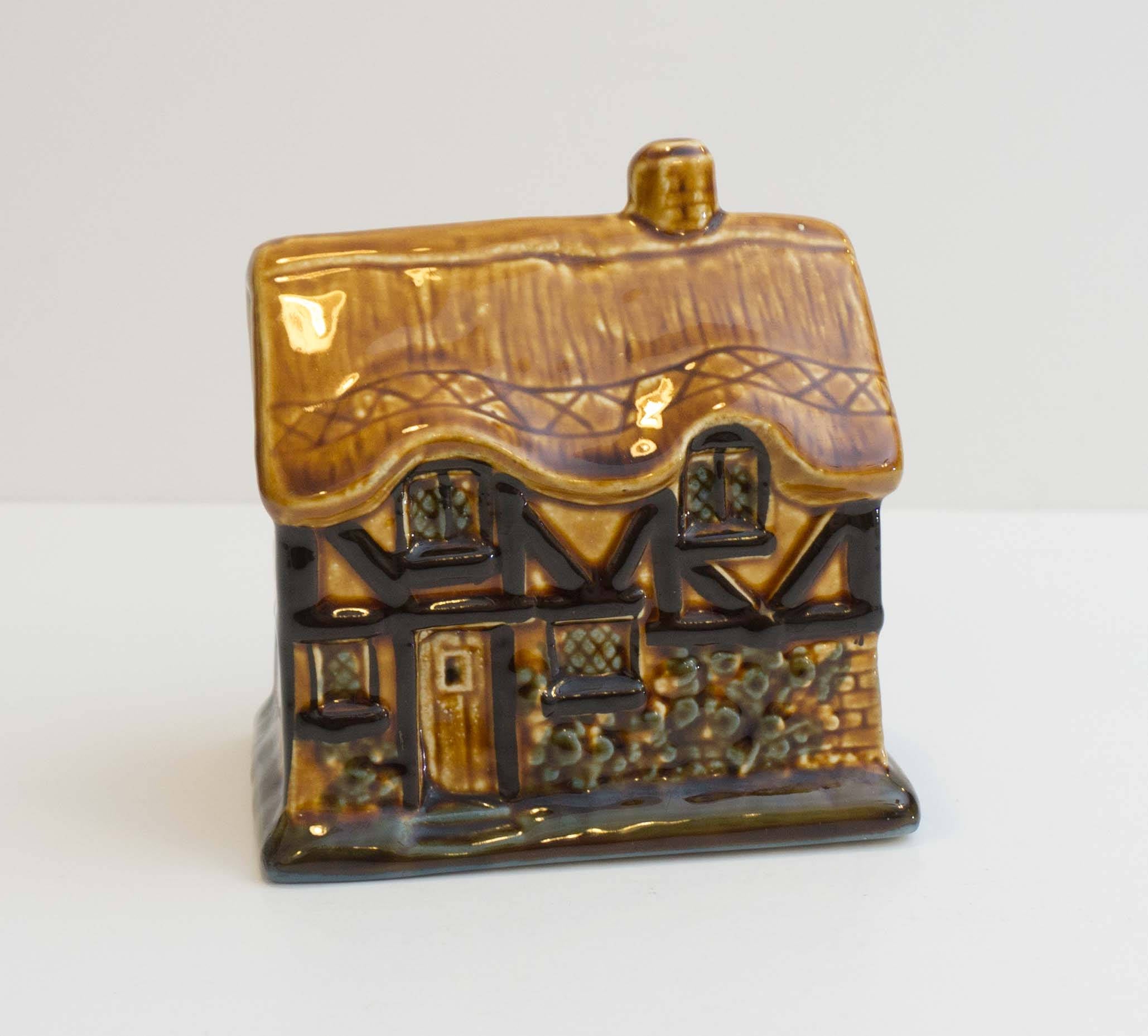 Hand Painted Vintage Thatched Tudor Cottage House Brown Piggy Bank
