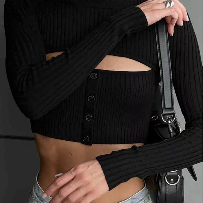 Sexy Cut Out Cropped Sweater Women Long Sleeve Crop Top