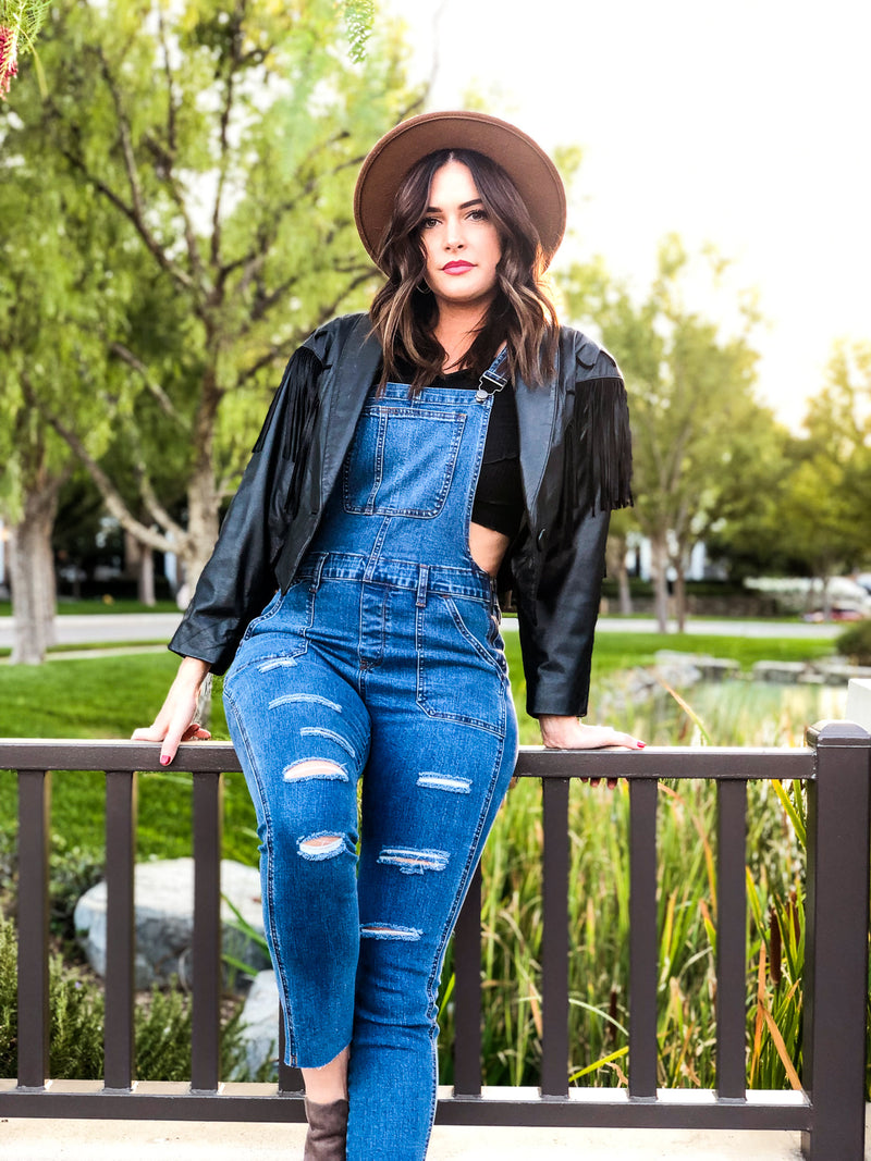 women's distressed denim overalls