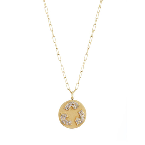 Gold recycle symbol necklace Recycled diamonds 