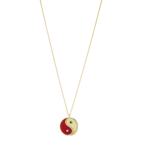 Gold Yin and Yang Talisman necklace with red enamel