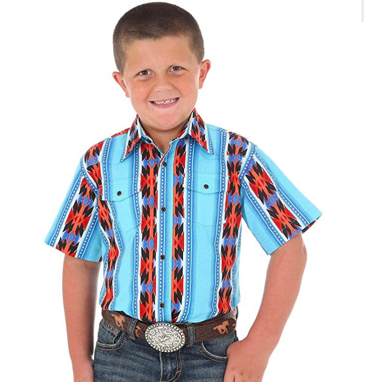 Boy's Wrangler Aztec Striped Short Sleeve Snap Shirt – Baughman's Western  Outfitters