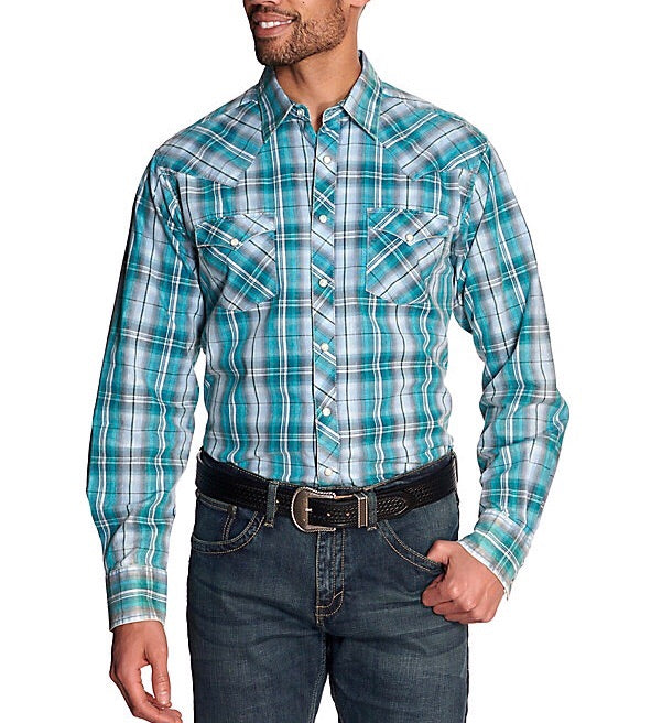 Men's Wrangler Retro Teal Plaid Pearl Snap Long Sleeve Shirt – Baughman's  Western Outfitters