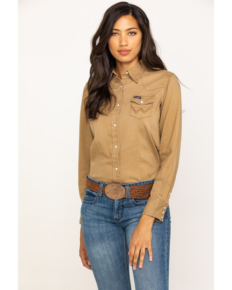 Women's Wrangler Tan Long Sleeve Western Snap Shirt – Baughman's Western  Outfitters