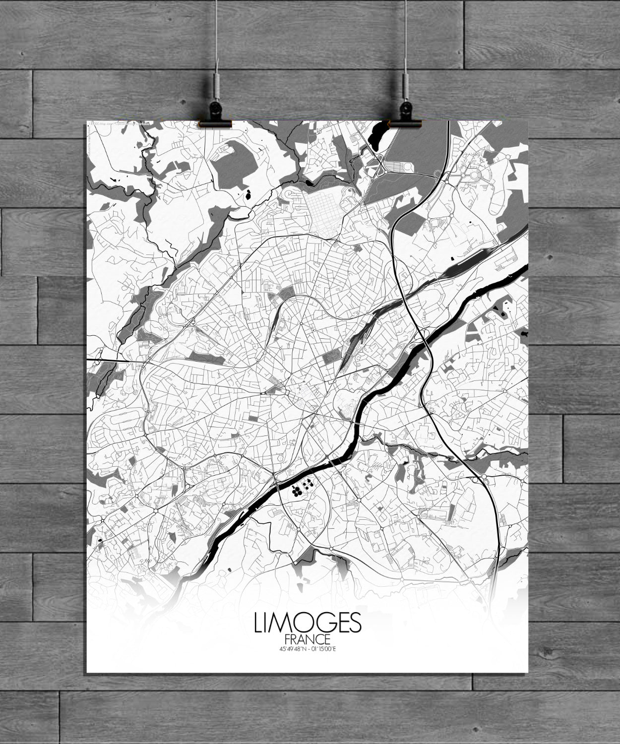 Limoges France Large City Map Print Custom Poster Wall Art   BW FULL LIMOGES 