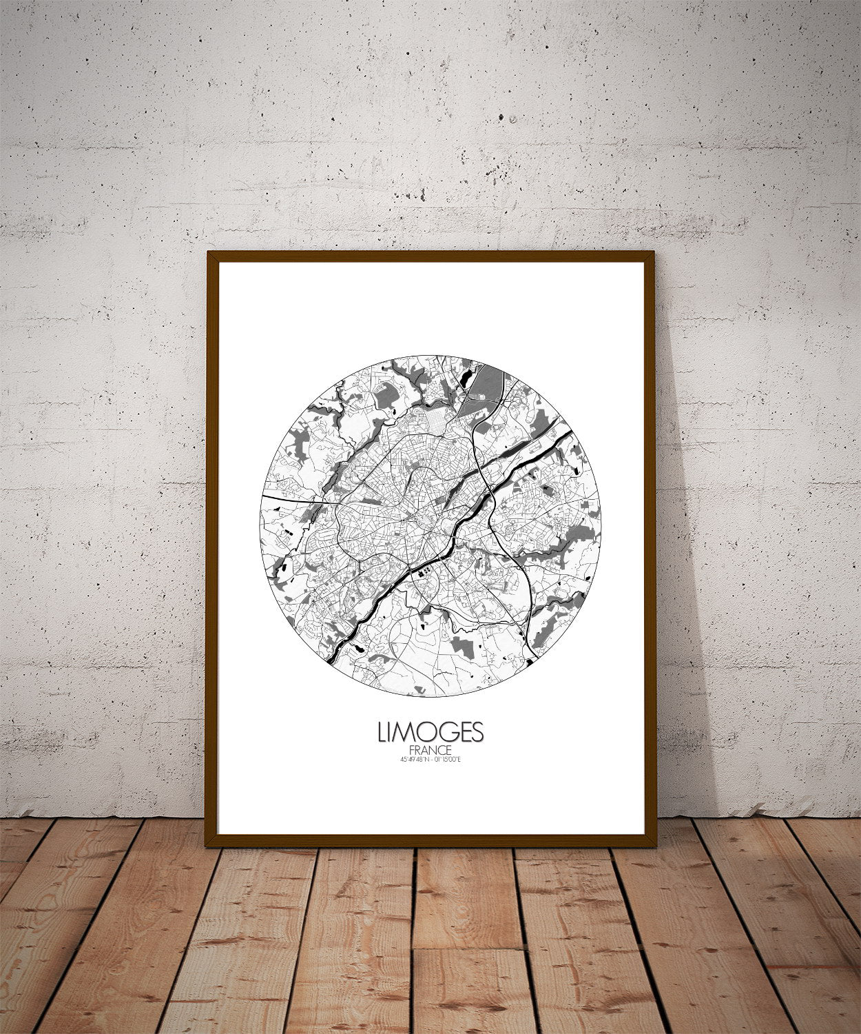 Limoges France Large City Map Print Custom Poster Wall Art   BW ROUND LIMOGES 