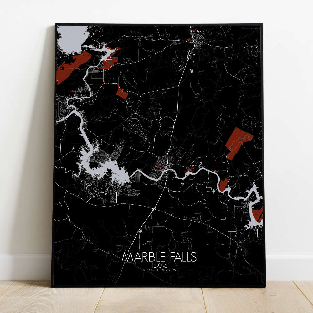 Mapospheres Marble Falls Red dark full page design poster city map