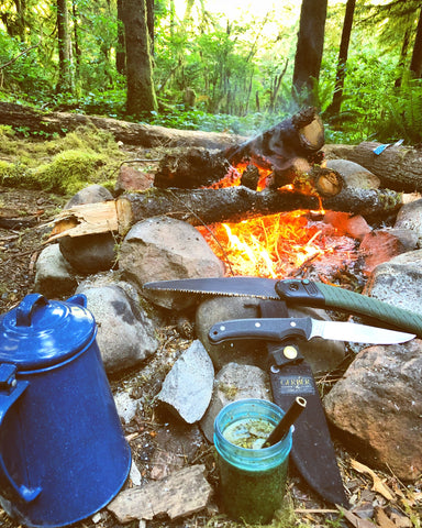 Redroot Blades. Small campfire in the woods. Drinking yerba mate. gerber camp knife and folding saw.
