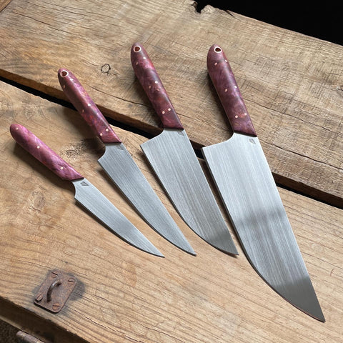 kitchen knife set. Handmade, custom knives. Chef's knife, petty knife, paring knife, mini-chef's knife.