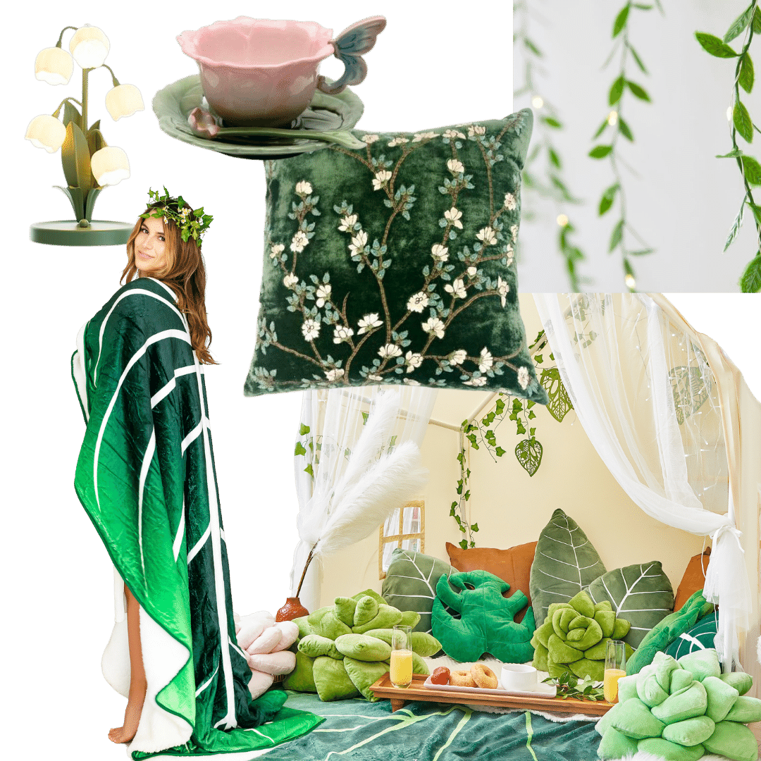 A woman in a green leaf patterned cape with a collage of various green home decor items.