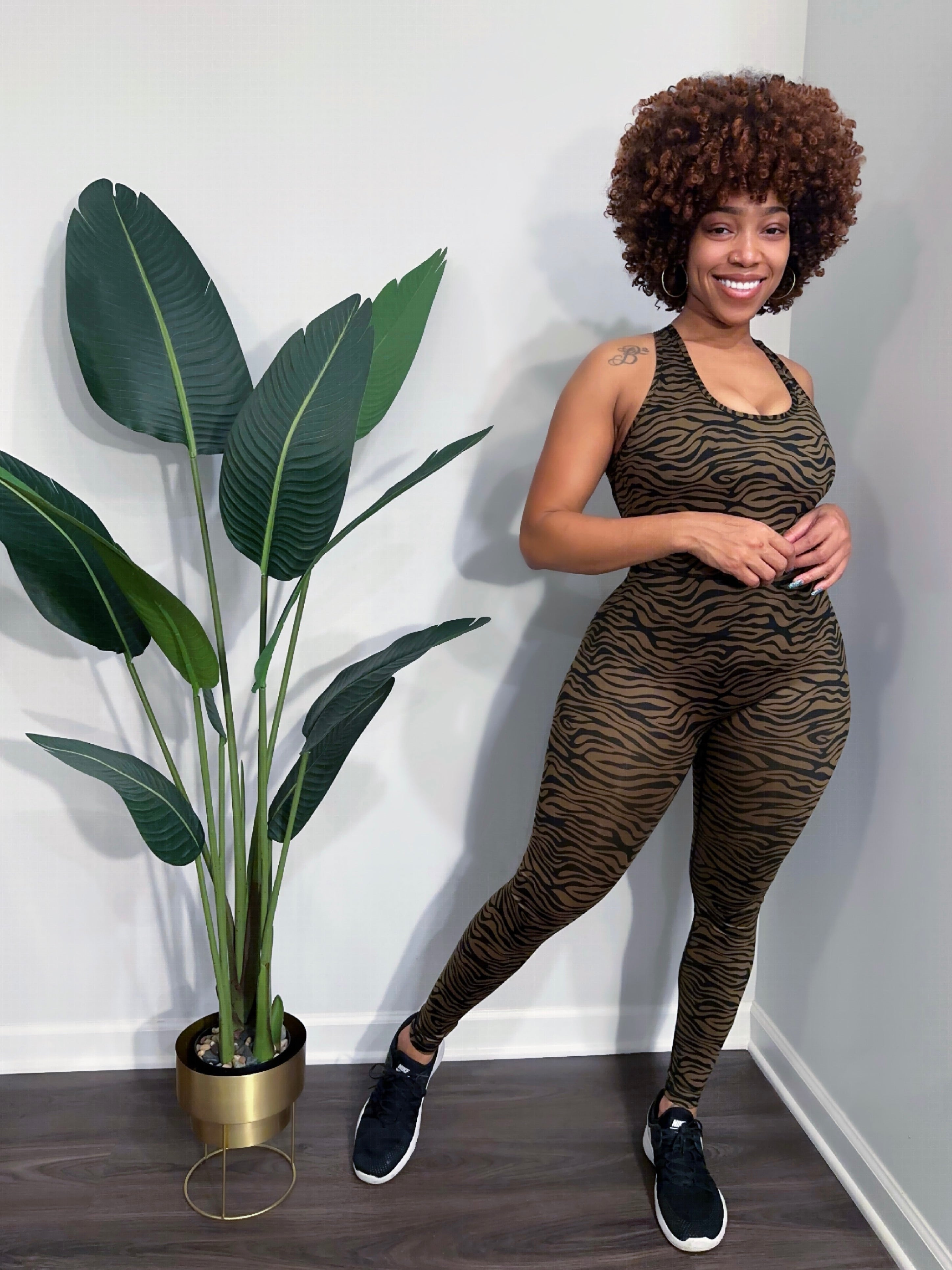 zebra print fitness bodysuit for workouts