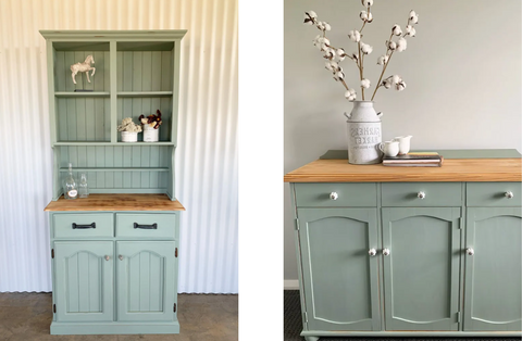 two images side by side of furniture that has been painted sage green. One is a tall kitchen hutch with a few pot plants and glasses on it; the other is a sideboard with a vase of cotton flowers and matching white floral doorknobs on the cupboards