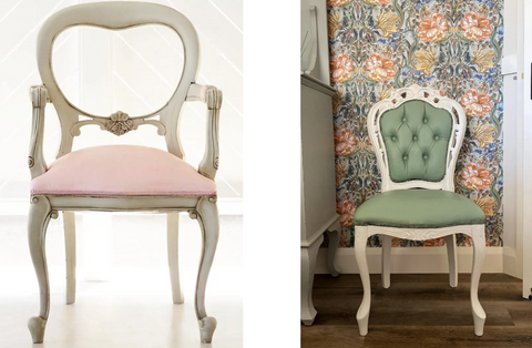 two images of wooden and upholstery chairs that have been painted. The lefthand one has neutral painted wood with dark accents on the detailing and a pink painted cushion; the righthand one has white painted wood and sage green painted cushion and upholstered back