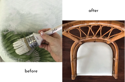 a before and after of the fabric of a wicker chair being painted. In the before image, you can see a tropical green leaf pattern being partially covered by white paint on a handheld paintbrush; in the after image, you can see the whole wicker chair with now with an even, white cushion