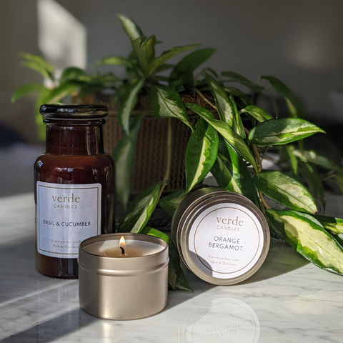 a photo of three candles on a marble tabletop, two in tins one in glass. The front one is lit, and there is direct sun shining on all three, with a plant in the background