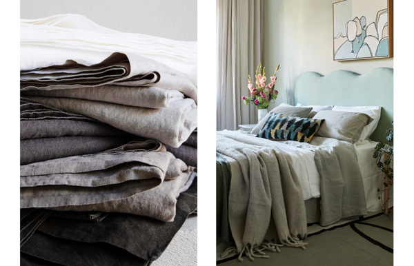 two photos of linen bedding, one is a pile of linen sheets in greys, whites and charcoals, and the other is aqua and grey bedding styled on a bed 