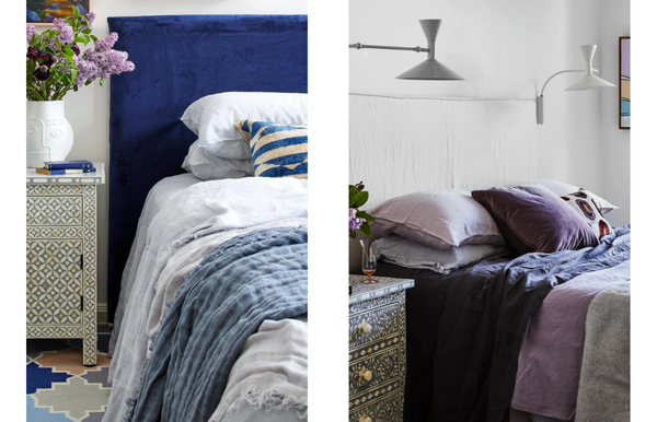 two photos of linen bedding styled on beds, one with blue and white sheets against a dark blue headboard, the other lilacs, navy and white against a neutral backdrop