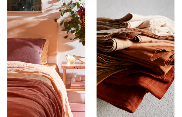 two photos of linen bedding, one is terracotta and yellow sheets styled on a bed in golden sunshine, and the other is a pile of folded sheets in terracottas, oranges, and yellows