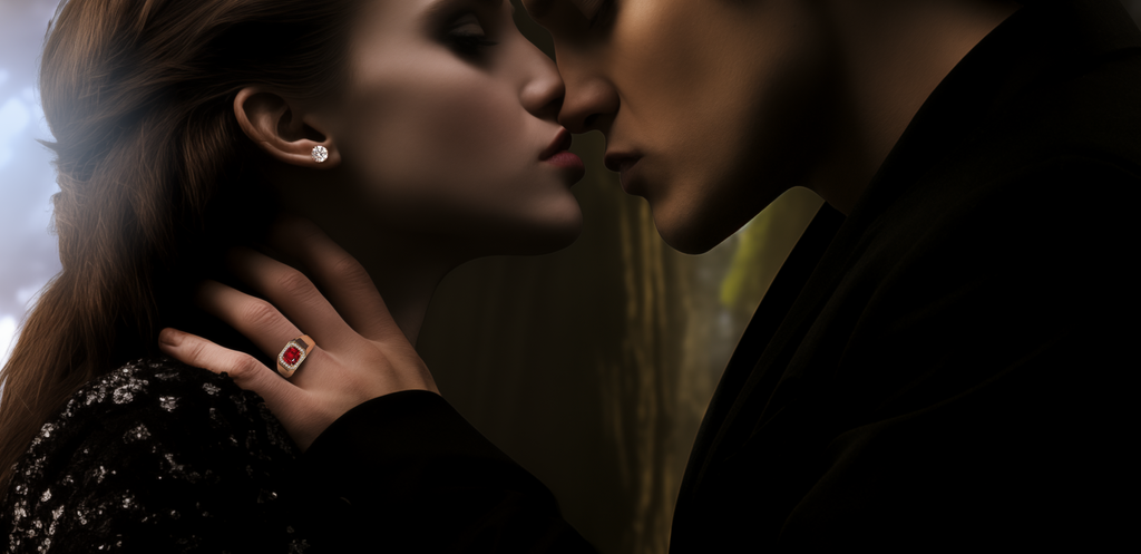 Edward kissing Bella wearing an intriguing diamond and blood ruby ring