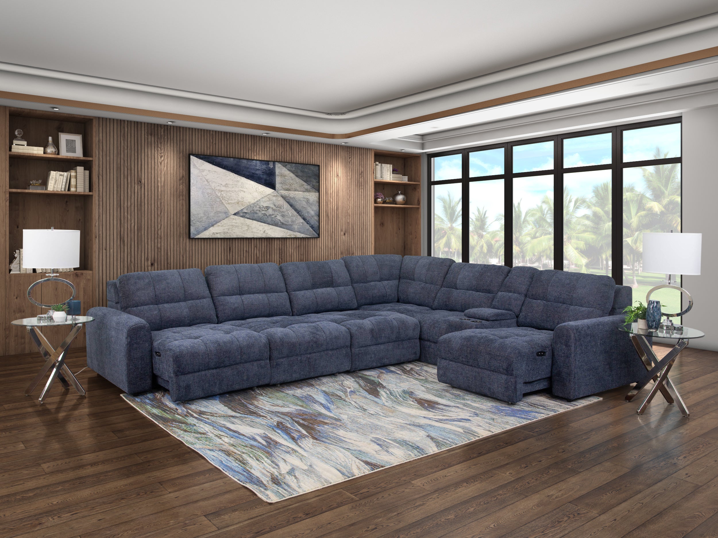 7-Piece Blue Slide Sectional with Left and Right Arm-Facing Sliding Seats