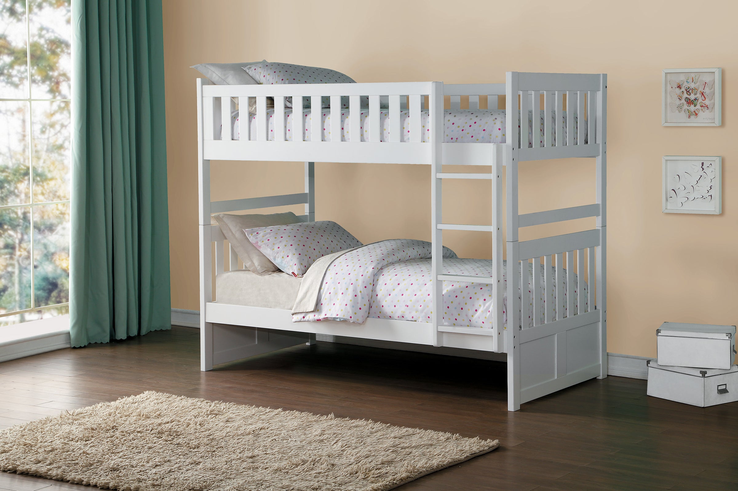 grey and white bunk beds