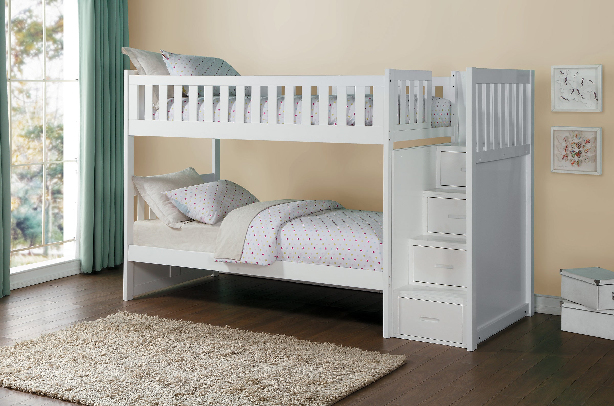 white bunk beds with shelves