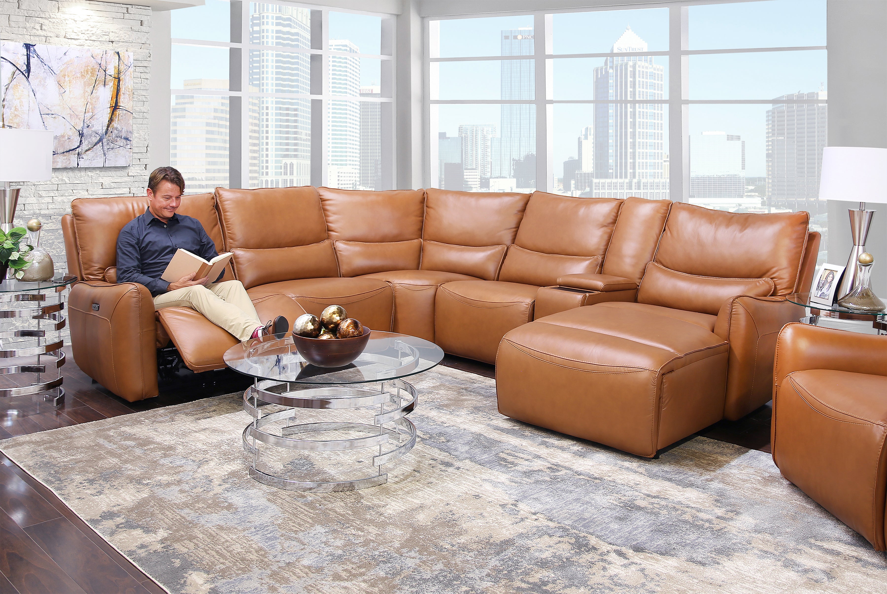 6 piece faux pu leather sectional reclining sofa