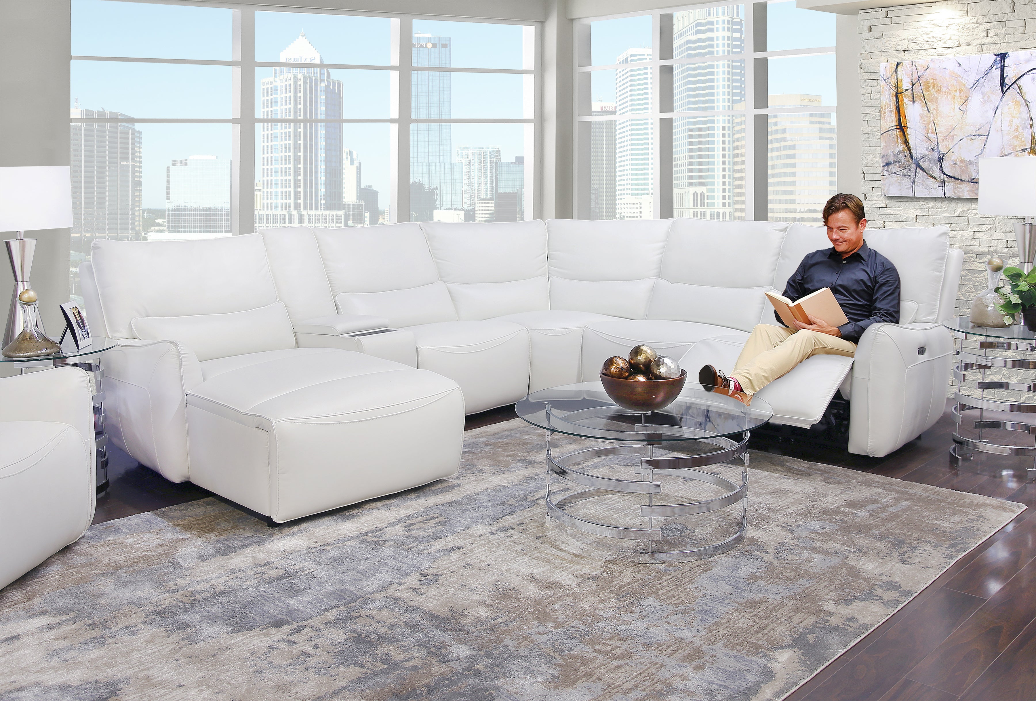 Senna White 6 Piece Leather Dual Power Reclining Sectional Sofa Kane S Furniture