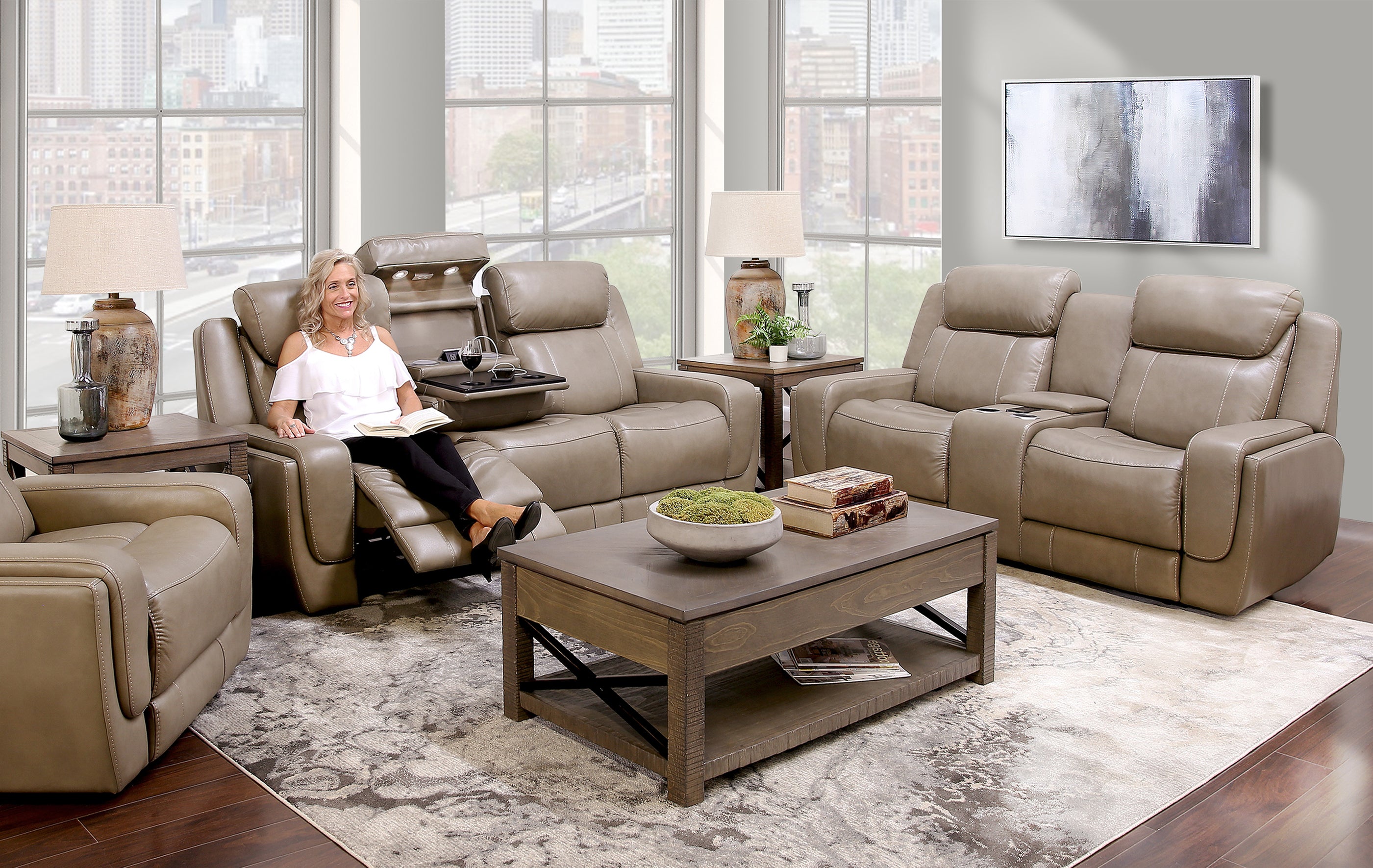 Woodford Fawn 3 Piece Leather Power Living Room Kanes Furniture