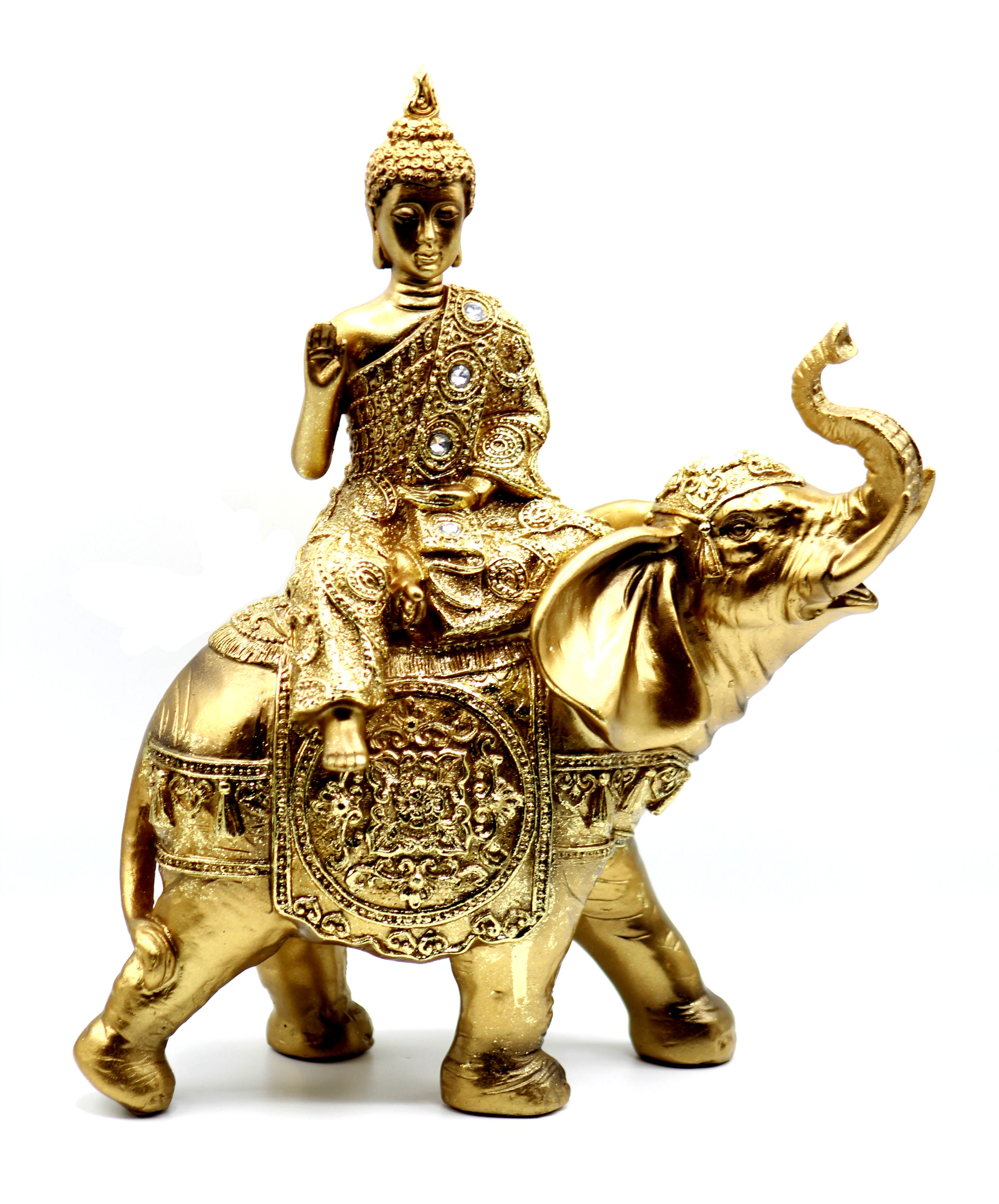 Crystal 11 Inches Large Brass Color Buddha Riding in Elephant Figurine ...