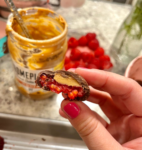 Chocolate-covered pb&J bites made with HomePlate Honey PB