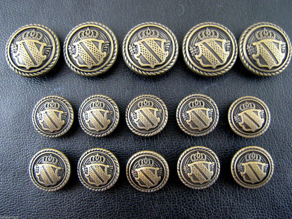 A SET of ANTIQUE BRONZE METAL MILITARY SHIELD BLAZER BUTTONS B1978 ...