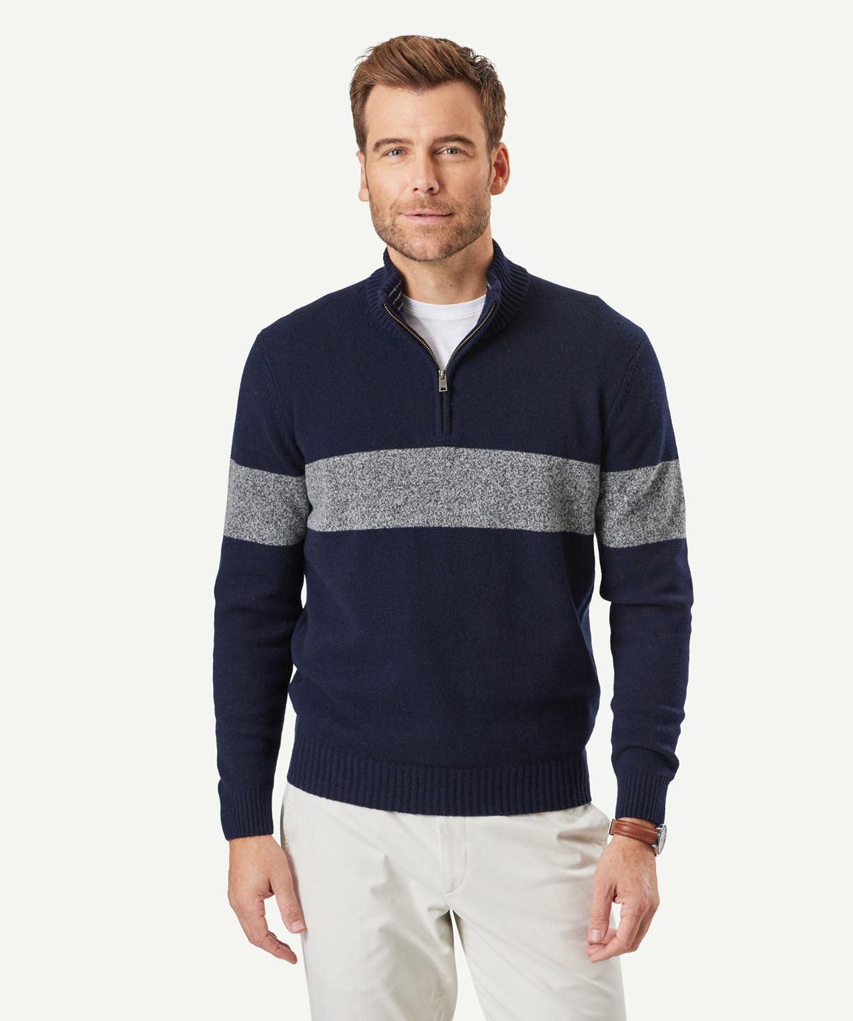 Wool Blend Chest Stripe Zip Knit - Navy | Knitwear | GAZMAN