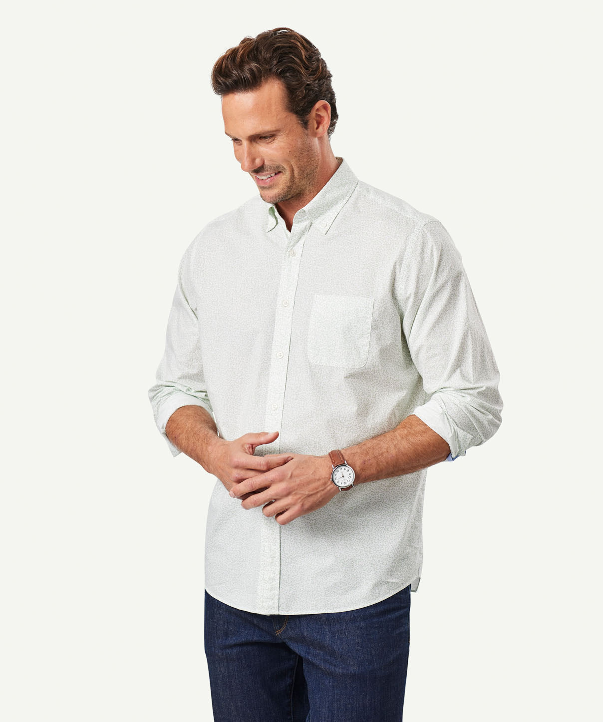 Casual Leaf Print Long Sleeve Shirt - Sage | Long Sleeve Shirts | GAZMAN