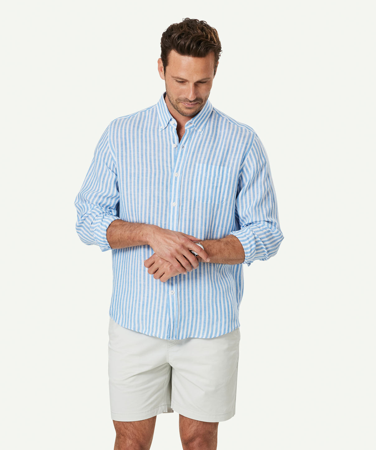 French Linen Stripe Long Sleeve Shirt - Blue | Long Sleeve Shirts | GAZMAN