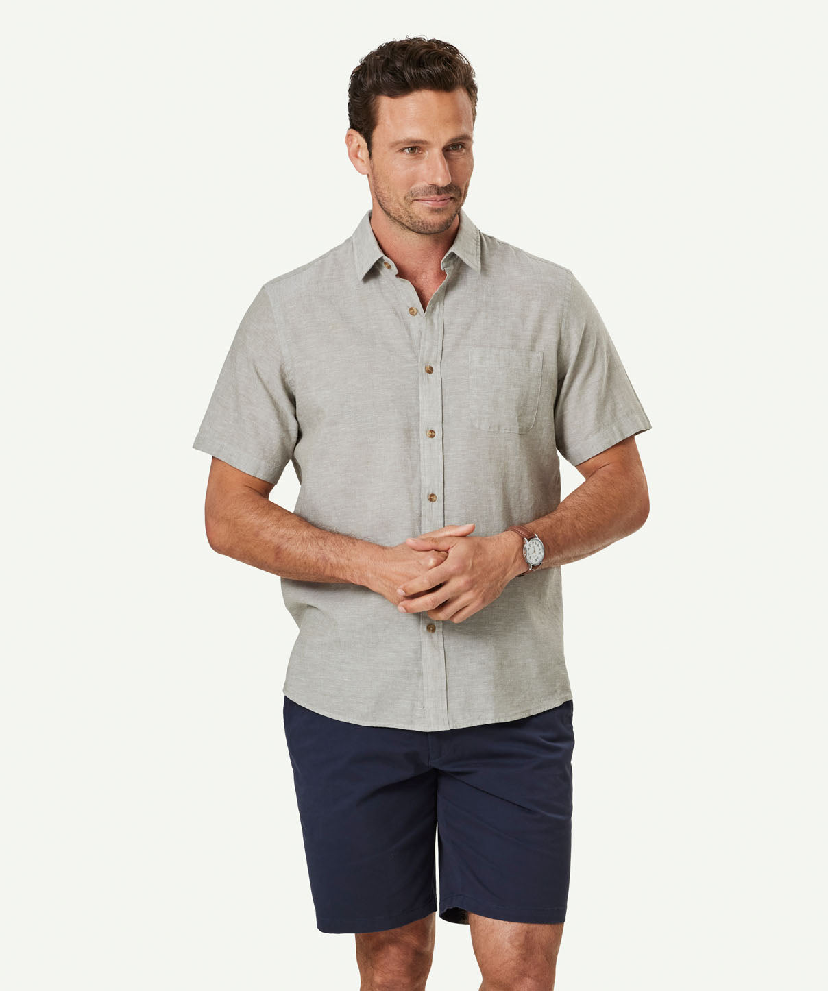 Linen Blend Plain Short Sleeve Shirt - Khaki | Short Sleeve Shirts | GAZMAN