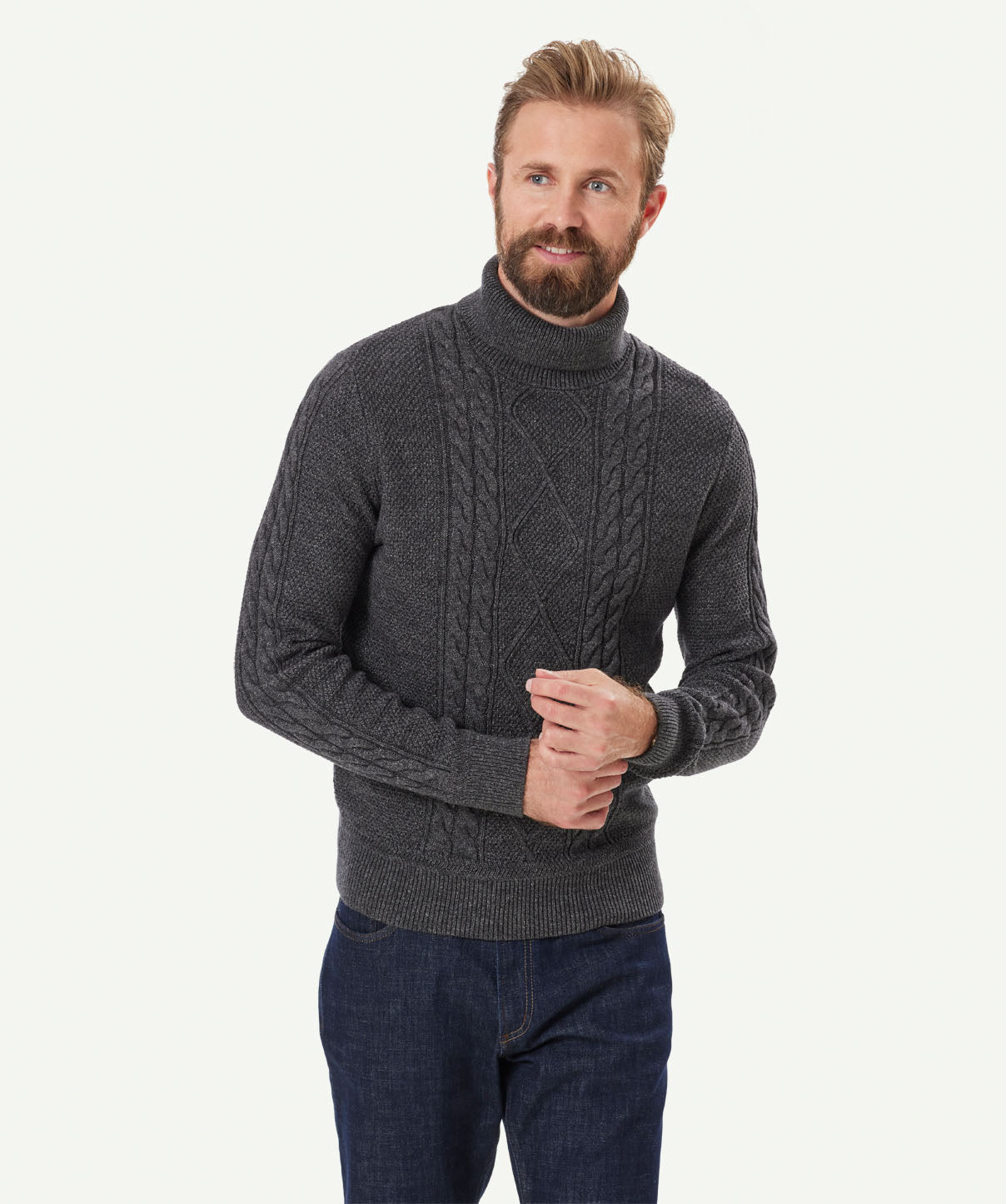 Cable Roll Neck Knit - Charcoal | Knitwear | GAZMAN