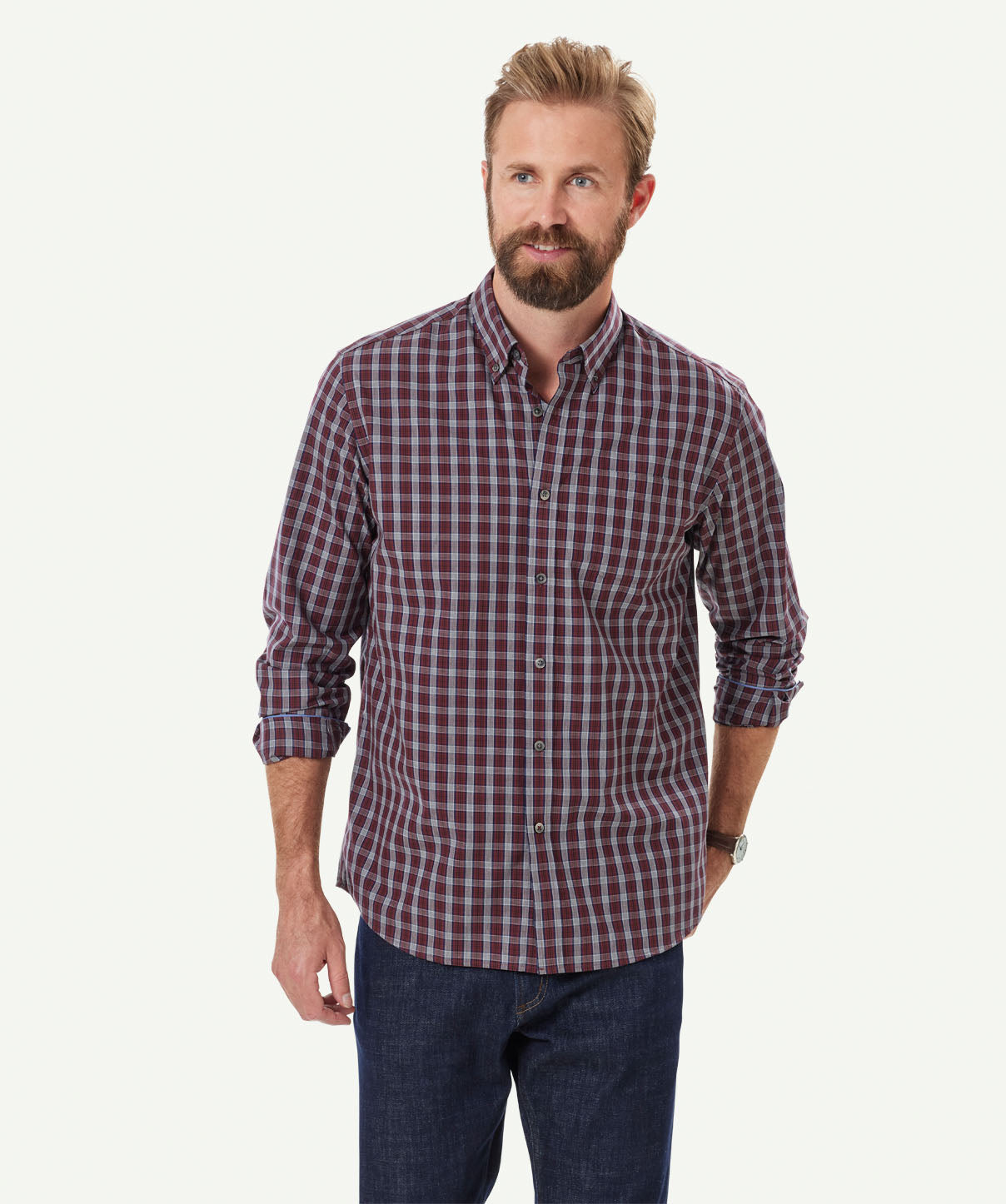 Easy Care Melange Check Long Sleeve Shirt - Burgundy | Long Sleeve ...