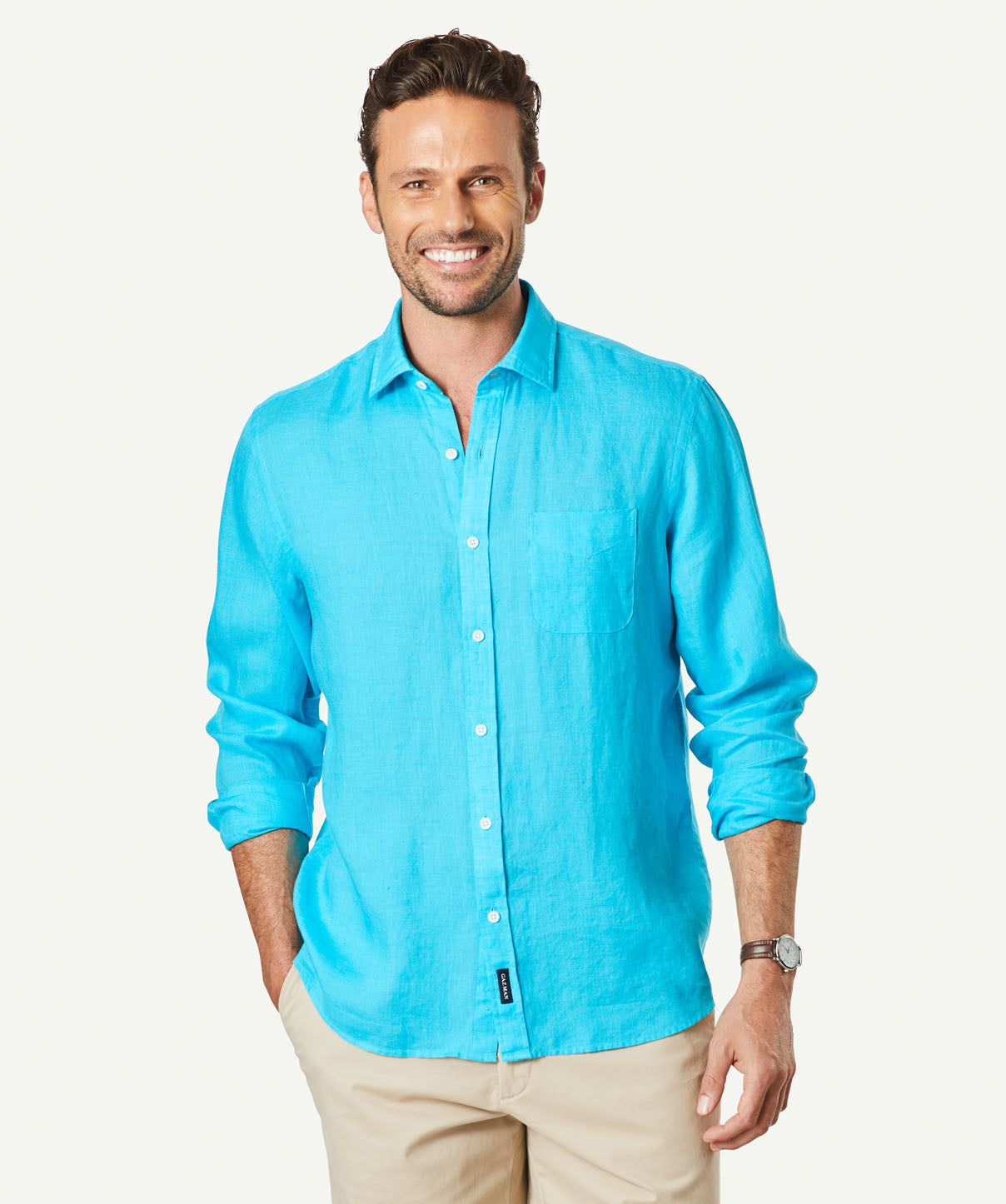 Linen Plain Long Sleeve Shirt - Cayman Blue | Long Sleeve Shirts | GAZMAN