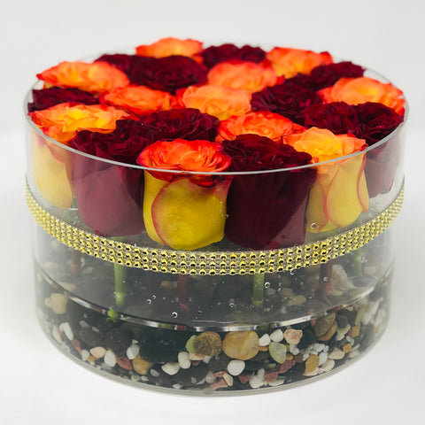 orange roses and red roses in a clear acrylic round rose box perfect for thanksgiving dinner centerpieces