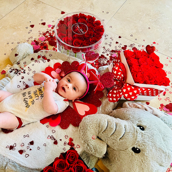 Valentine's Day rose box arrangements with the cutest baby you will ever see