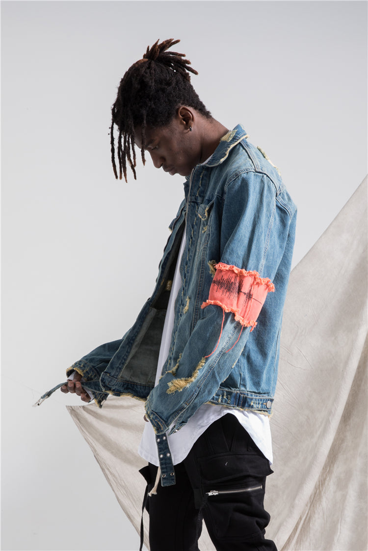 HYPE URBAN INSPIRED RIPPED WASHED DENIM JEAN JACKET WITH ARMBAND – BOOPDOCOM