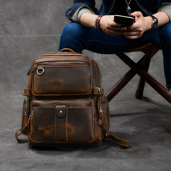 TWENTY FOUR STREET RETRO LEATHER MULTI POCKET BROWN BACKPACK – BOOPDOCOM