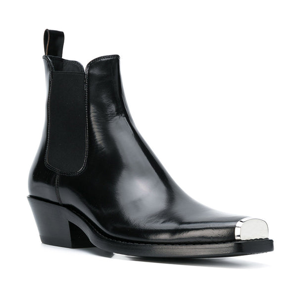 METCOXIE SQUARE TOE BLACK HANDMADE LEATHER CHELSEA BOOTS - boopdo