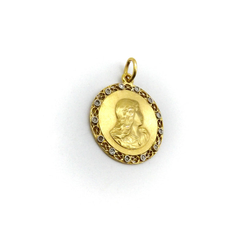 18K Gold Art Nouveau Round Medallion with Maiden Profile Pendant Kirsten's Corner 