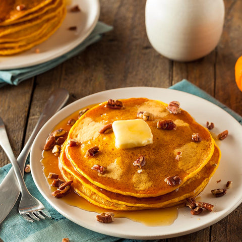 Pancakes with maple butter, pecans and syrup