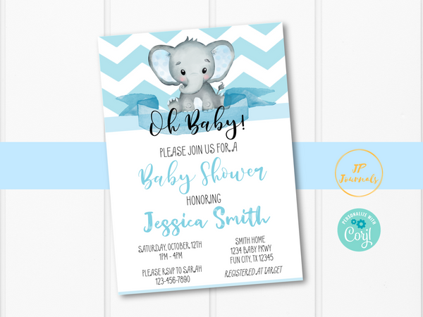 Download Light Blue Elephant Baby Shower Invitation Template Edit Print Diy Jp Designs And Gifts