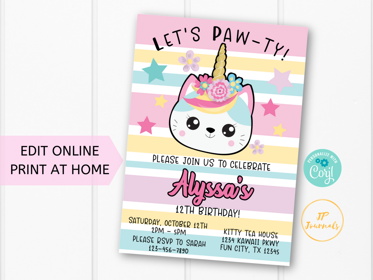 kawaii unicorn kitty cat birthday party invitation
