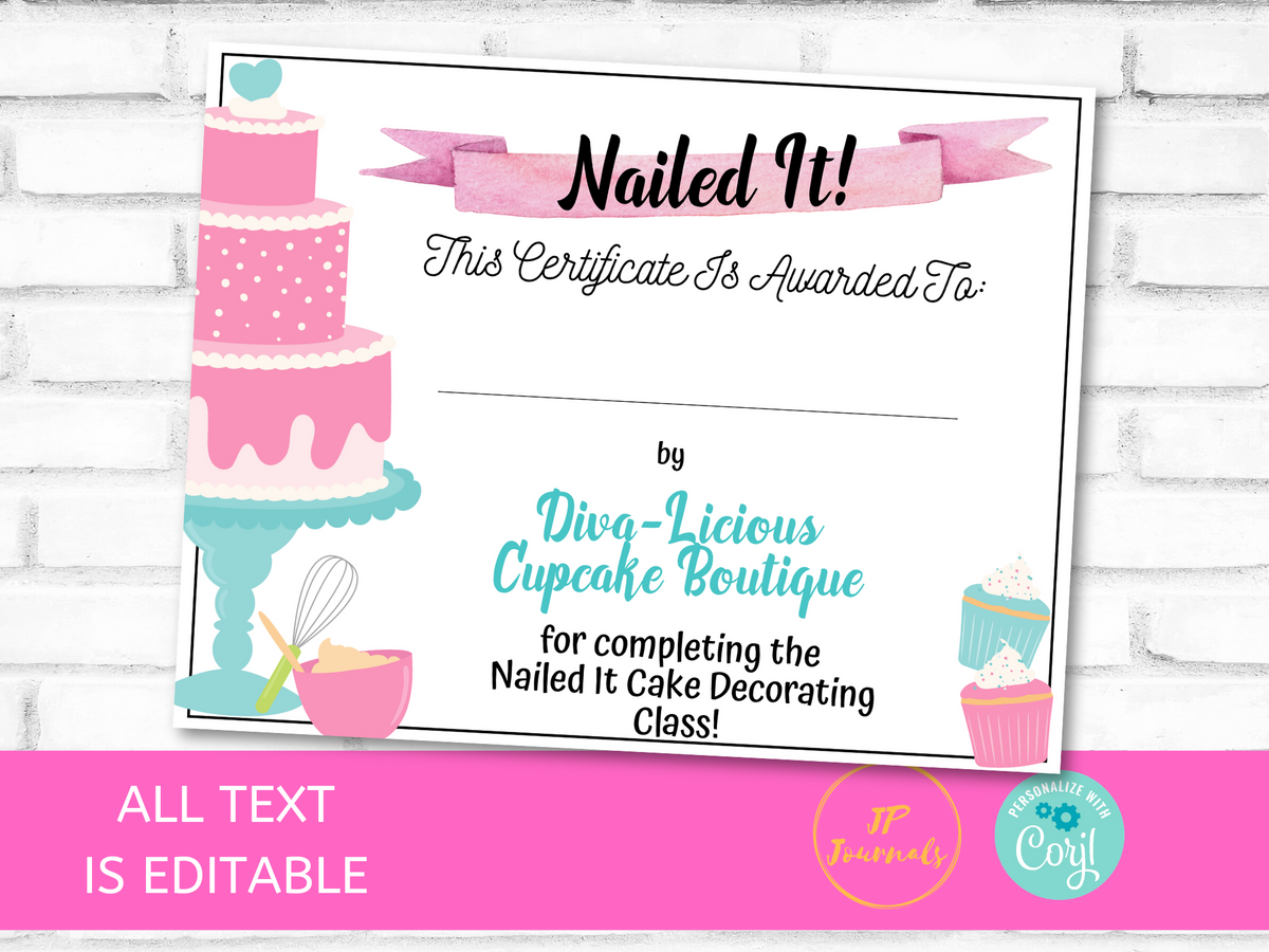 Nailed It Baking Party Certificate Template Edit Print Printable