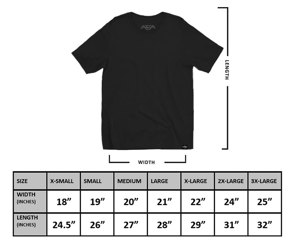 Awtsu Fitness Apparel Cotton T-Shirt Sizing Chart